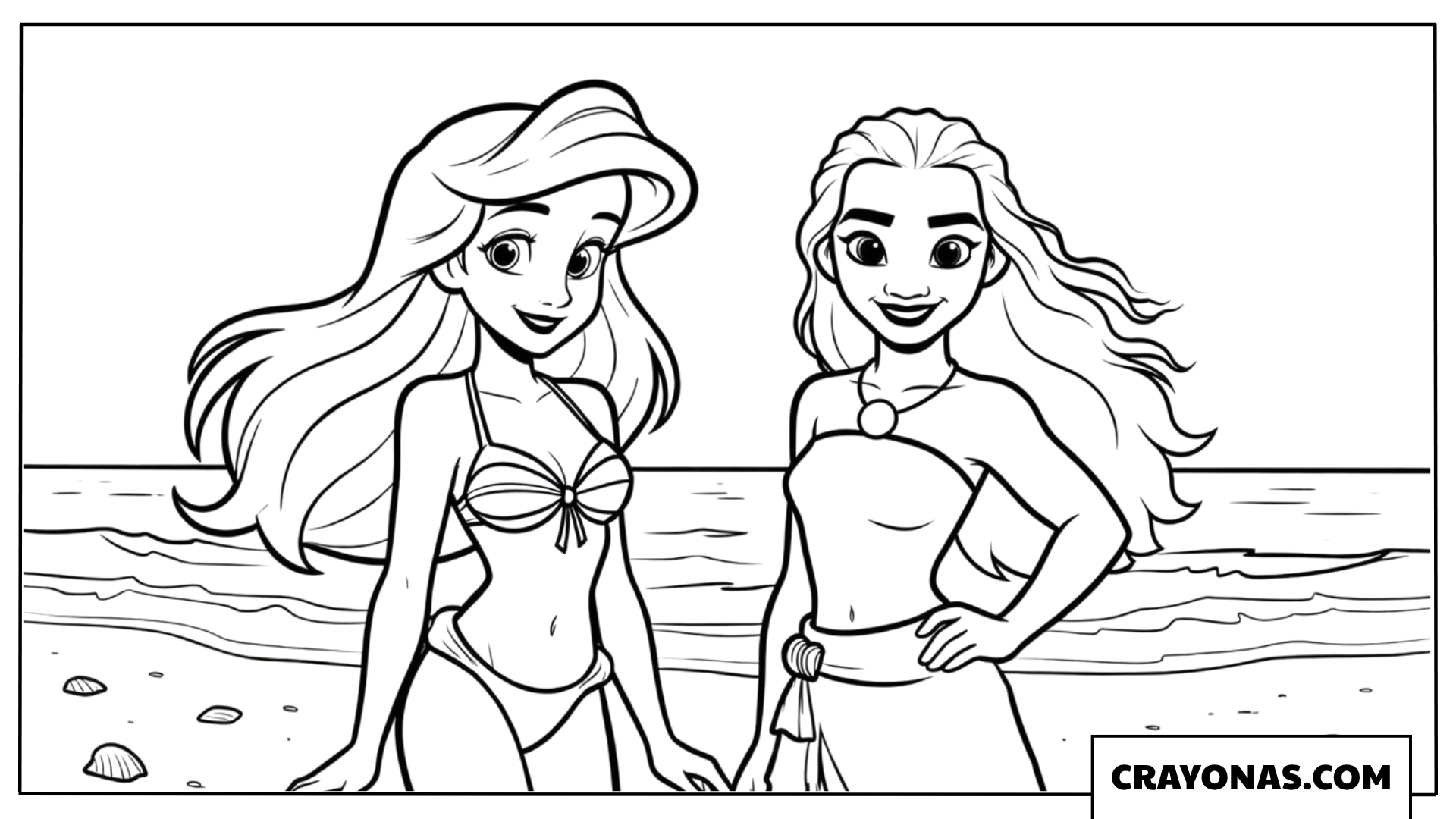 Ariel and Moana Beach Day Coloring Page
