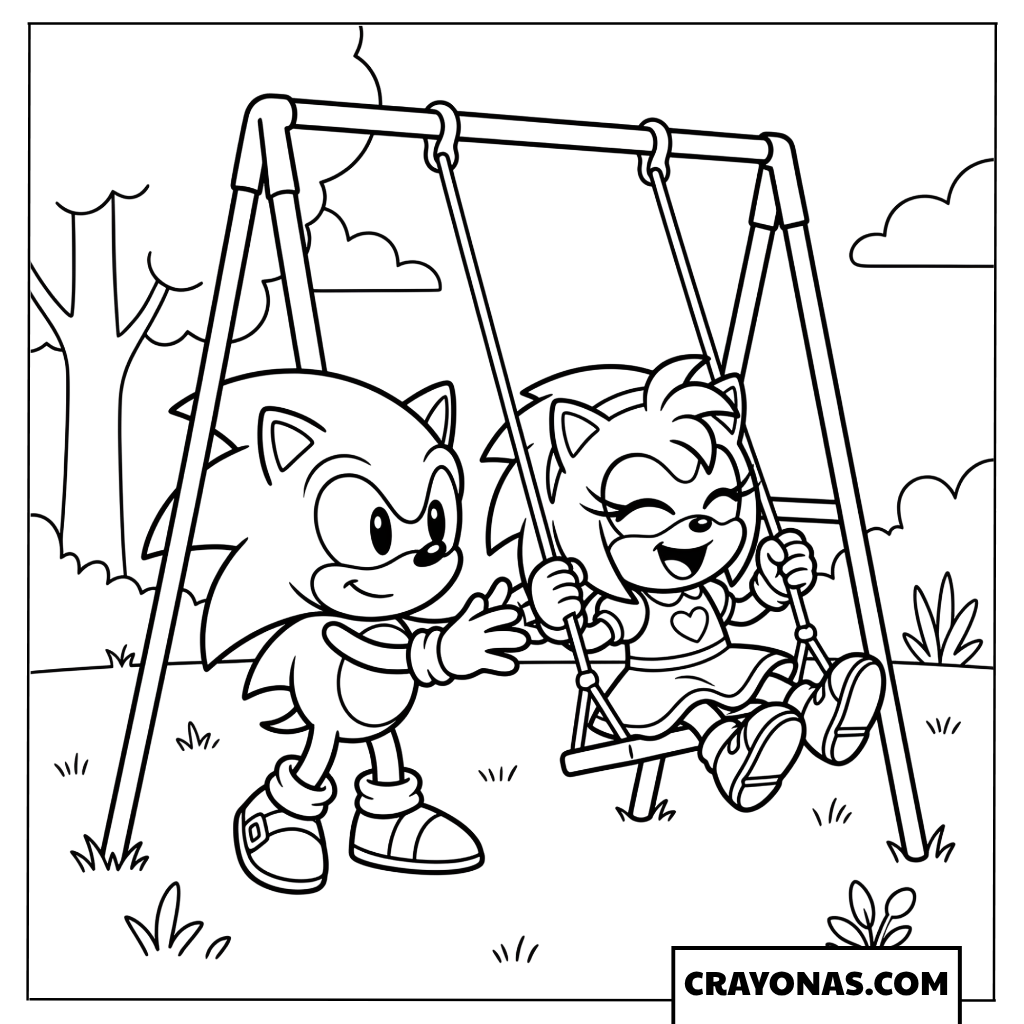 Baby Sonic Pushing Baby Amy on a Swing Coloring Sheet