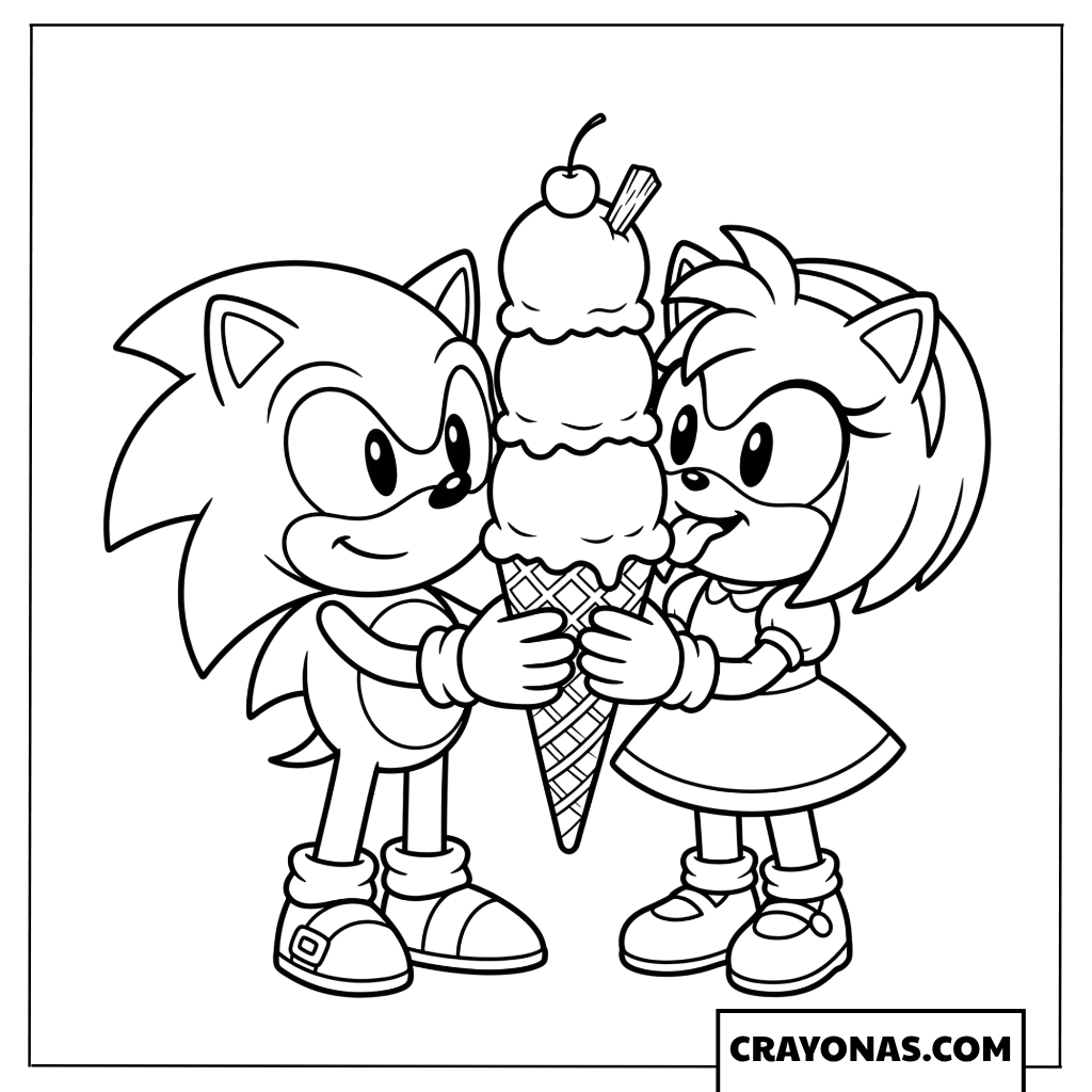 Baby Sonic and Baby Amy Eating a Giant Ice Cream Coloring Sheet