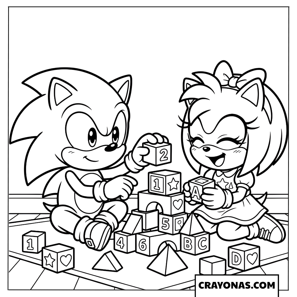 Baby Sonic and Baby Amy Playing with Toy Blocks Coloring Sheet