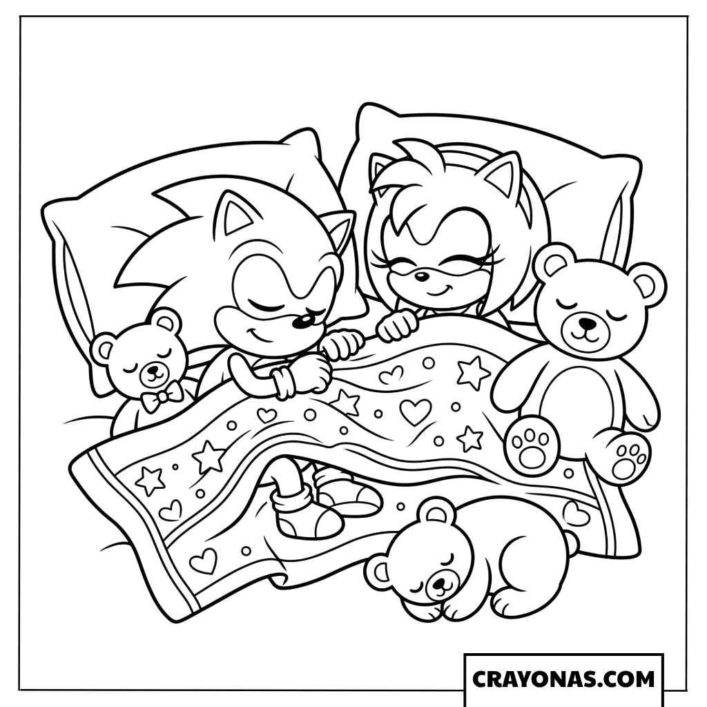 Baby Sonic and Baby Amy Sleeping with Teddy Bears Coloring Sheet