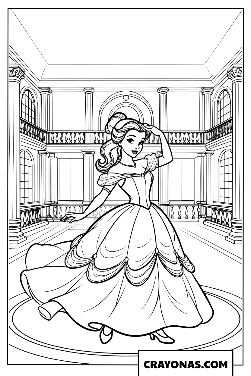 Belle Dancing in the Grand Ballroom Coloring Page