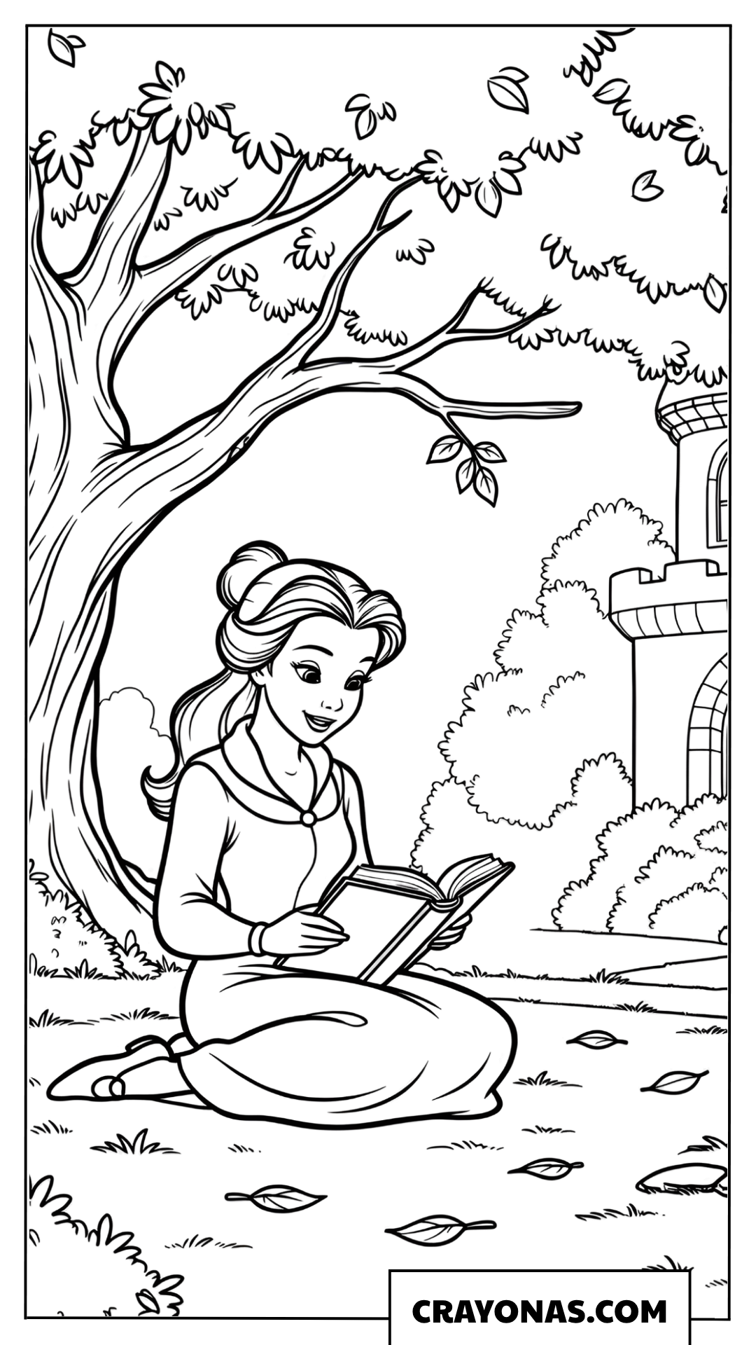 Belle Reading Under a Tree Coloring Page
