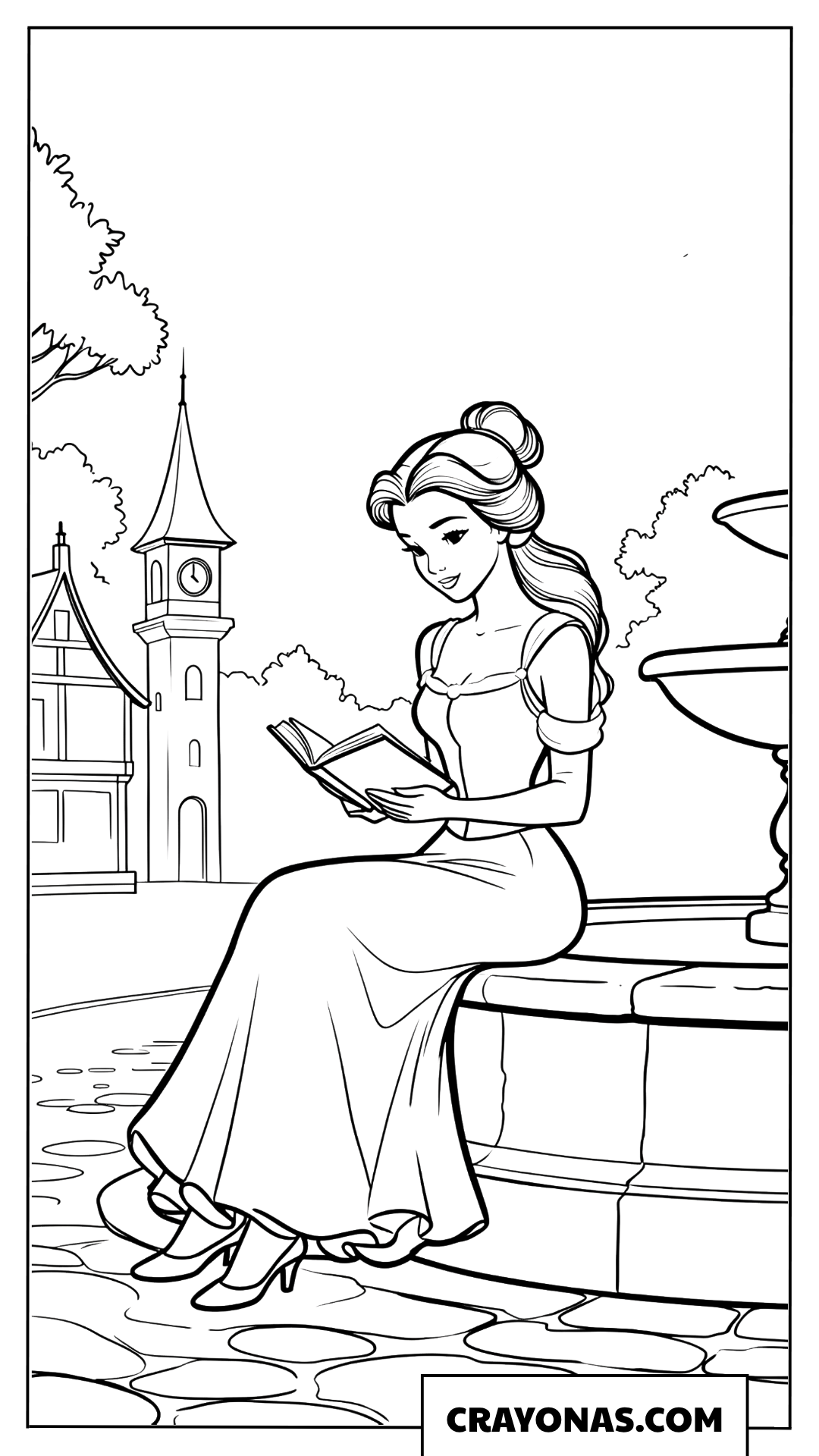 Belle Reading by the Village Fountain Coloring Page