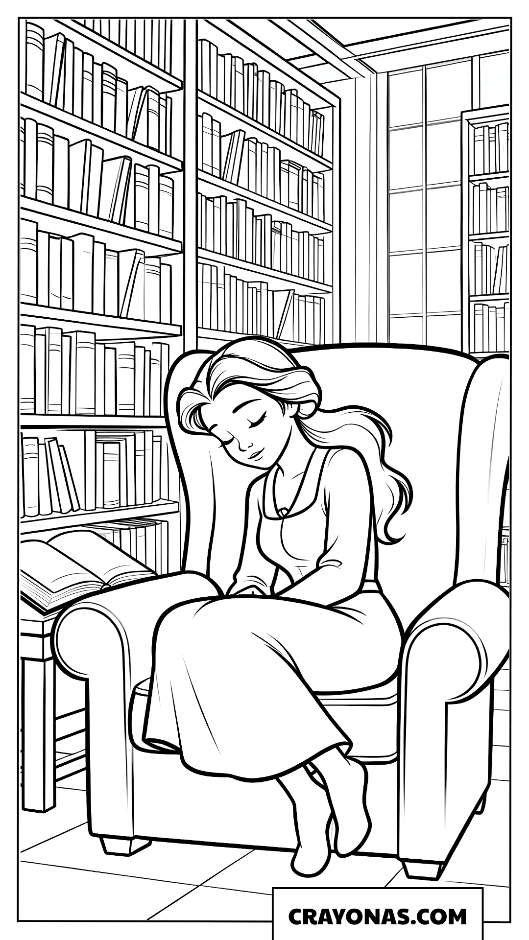 Belle Reading in the Library Armchair Coloring Page
