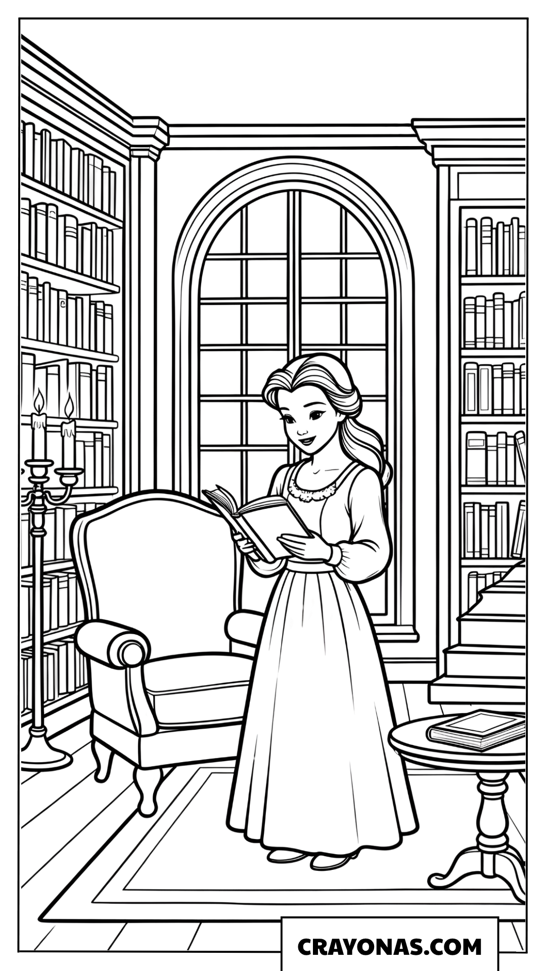 Belle Reading in the Library Coloring Page