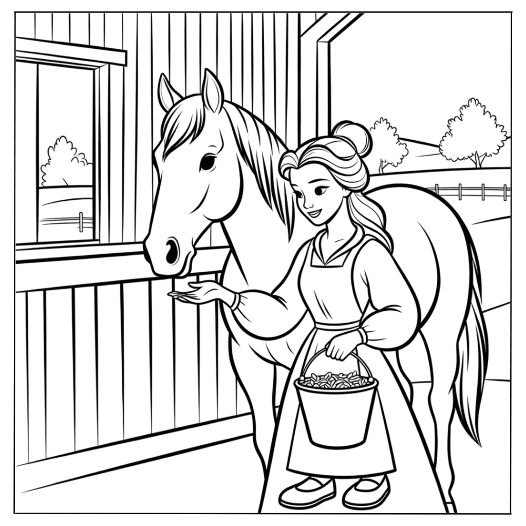 Belle Tending to Philippe the Horse Coloring Page