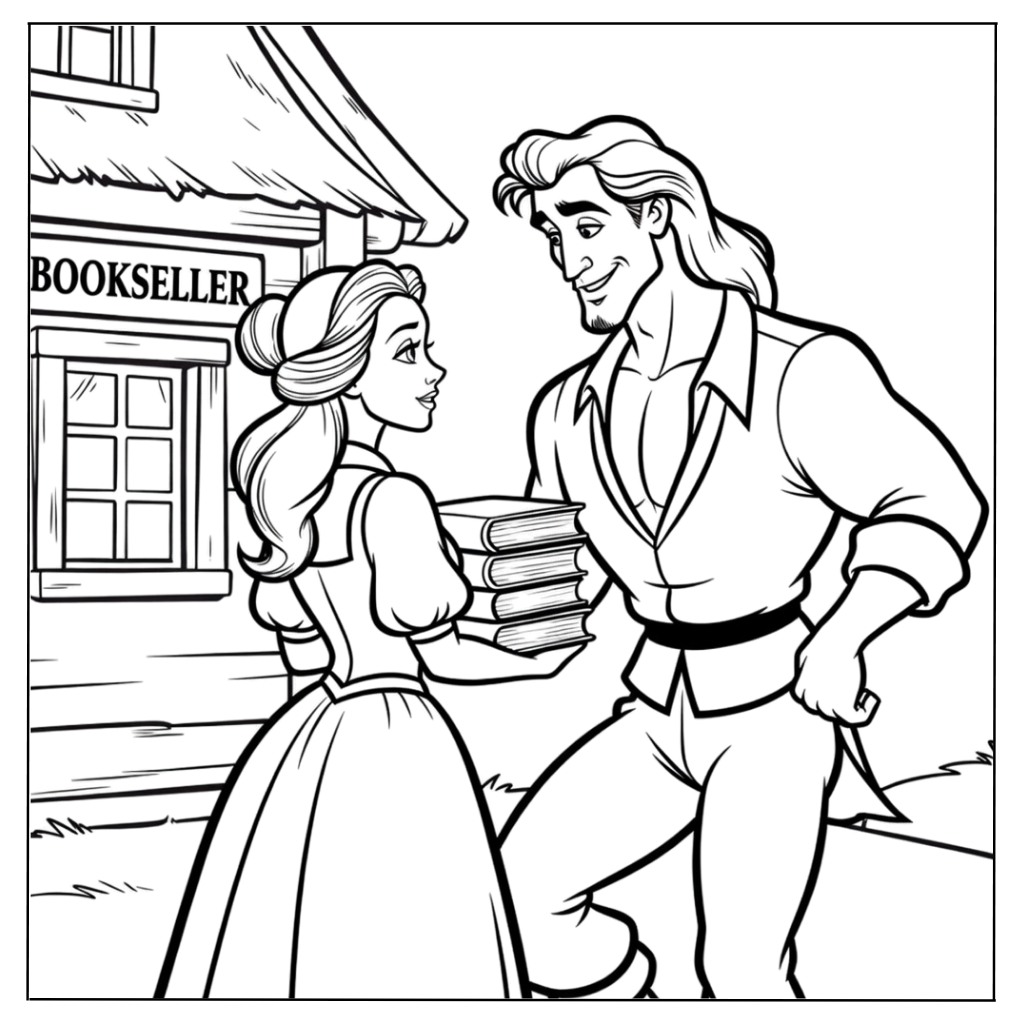 Belle Visiting the Bookseller Coloring Page