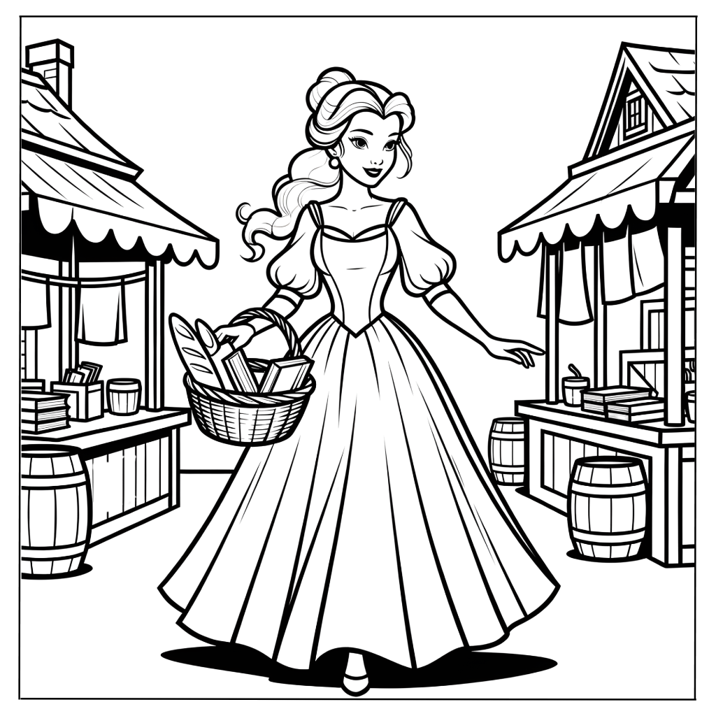 Belle Walking Through the Marketplace Coloring Page