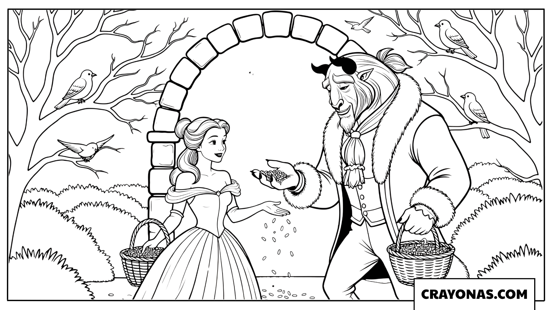 Belle and Beast Feeding Birds Coloring Page