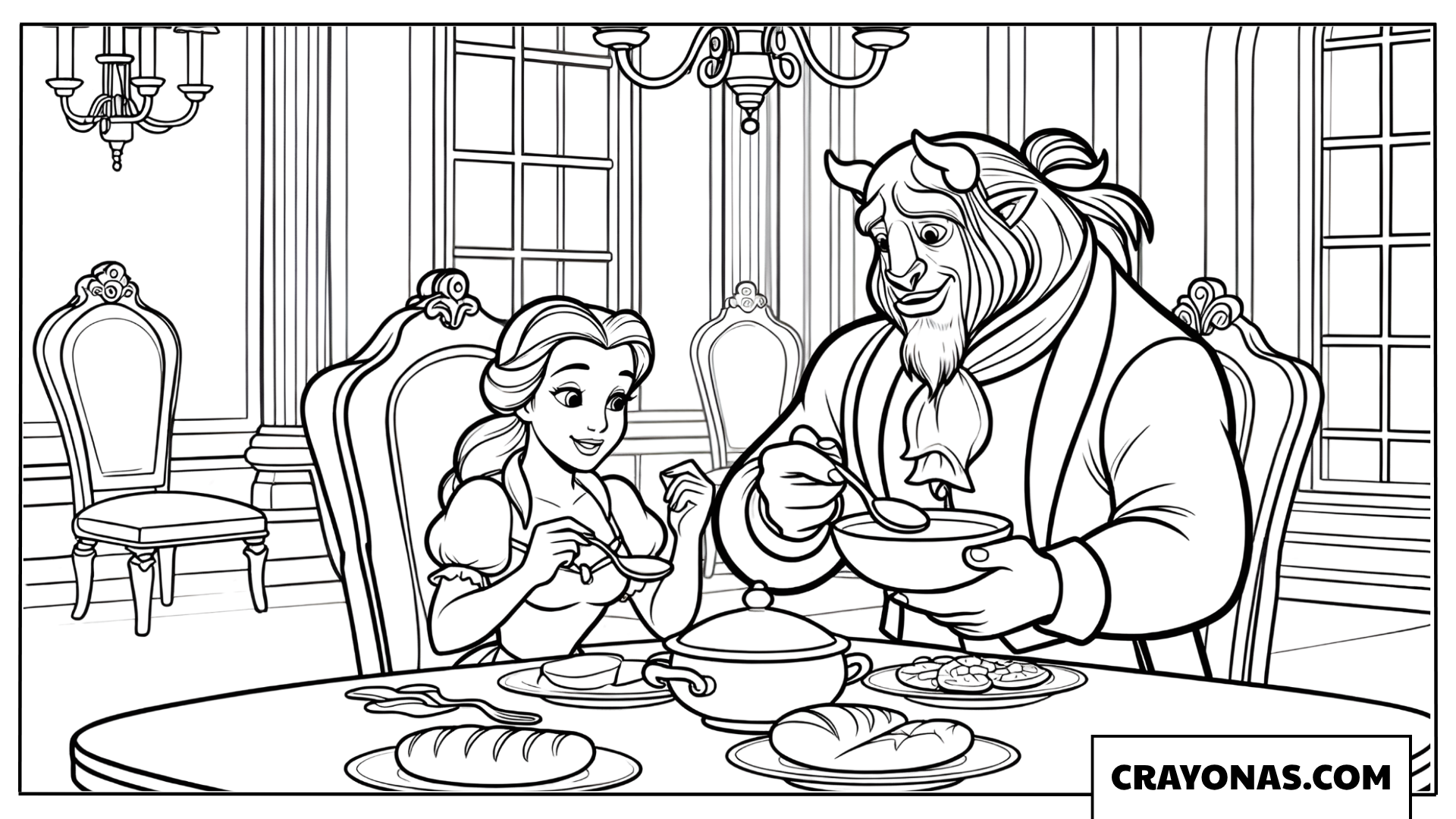 Belle and Beast Having Dinner Coloring Page
