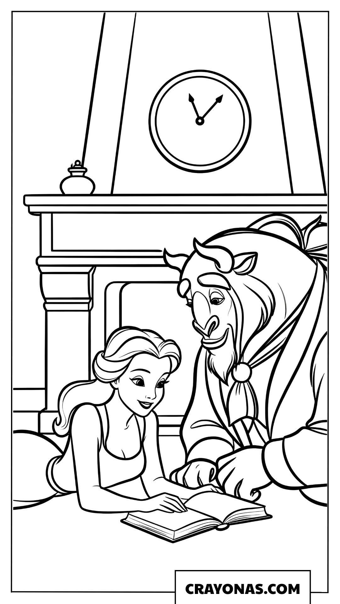 Belle and Beast Reading Together Coloring Page