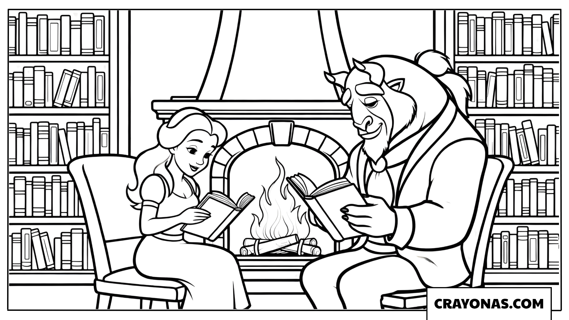 Belle and Beast by the Library Fireplace Coloring Page