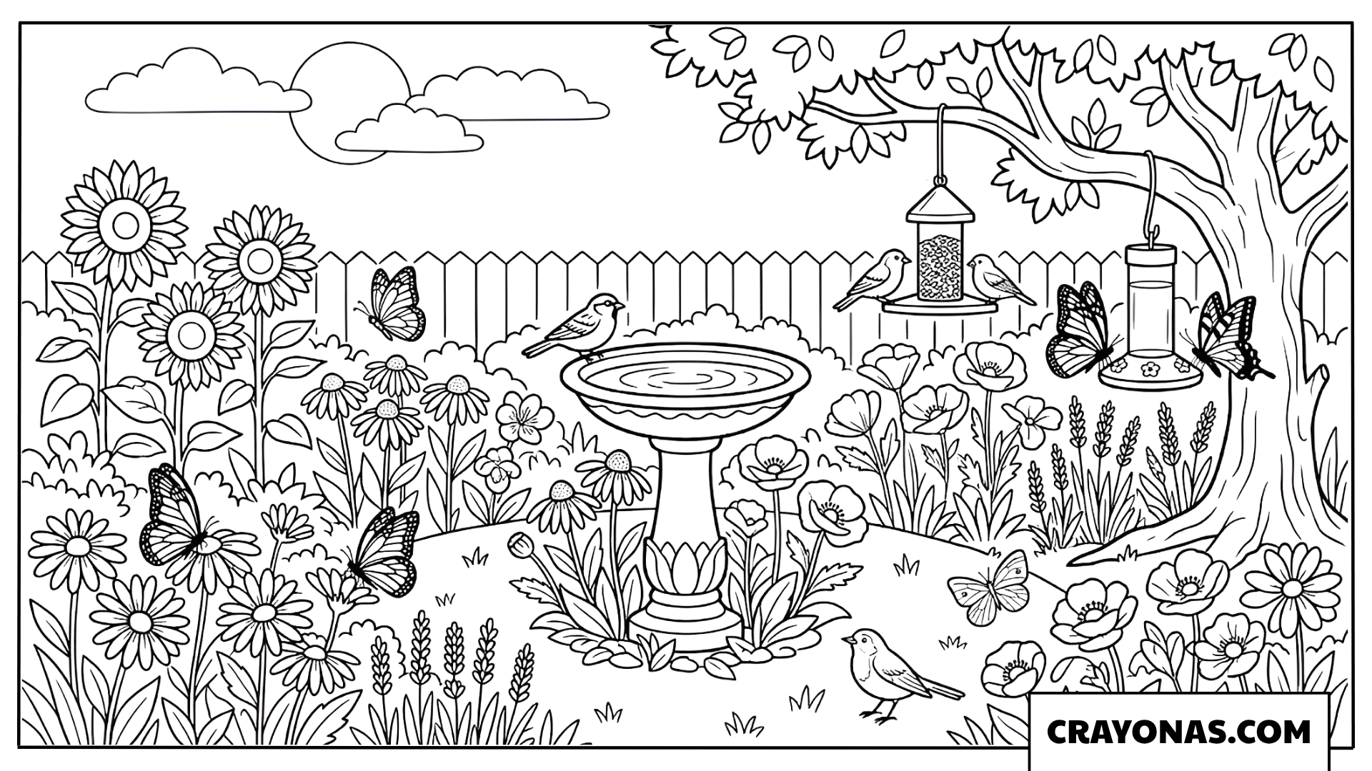 Bird Bath in Flower Garden Coloring Page