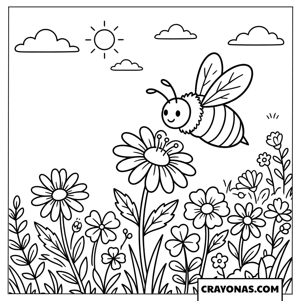 Busy Bee in the Flower Garden Coloring Page