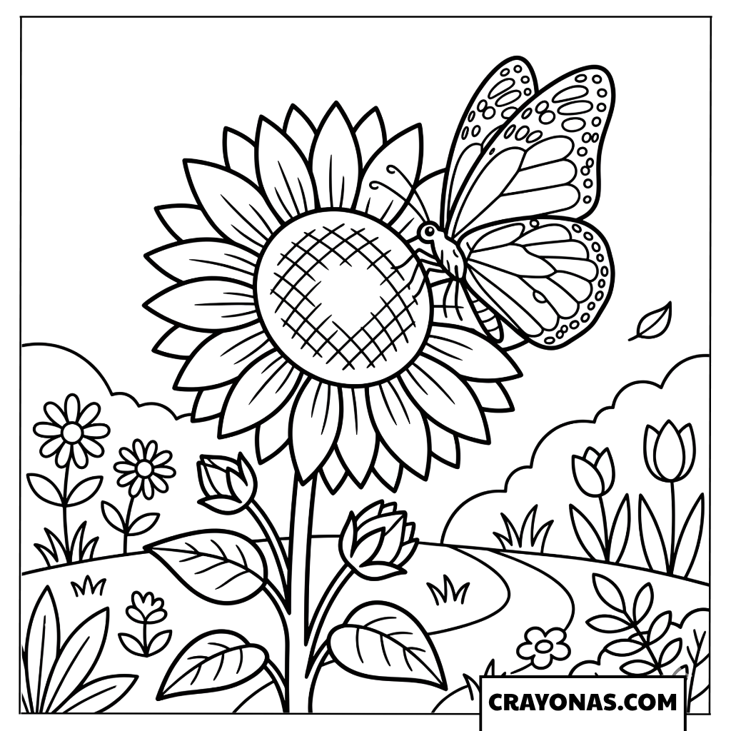 Butterfly on a Sunflower Coloring Page