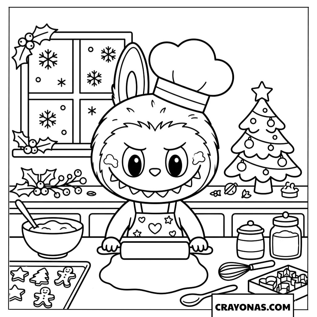 Chef Labubu Baking Christmas Gingerbread Cookies Coloring Page