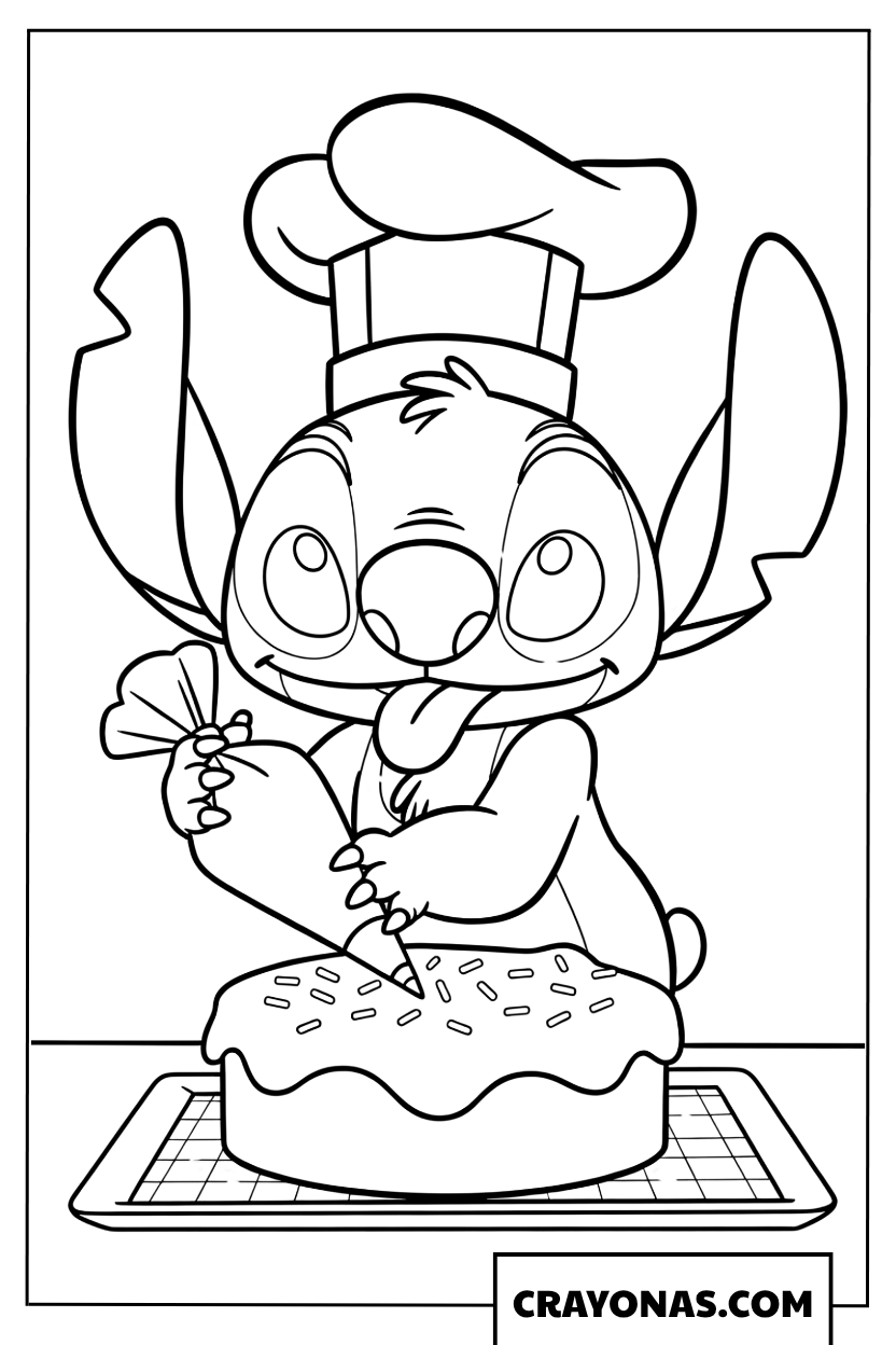 Chef Stitch Decorating a Cake Coloring Page