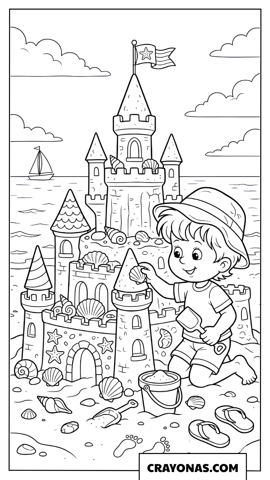 Child Building Sandcastle on Beach Coloring Page