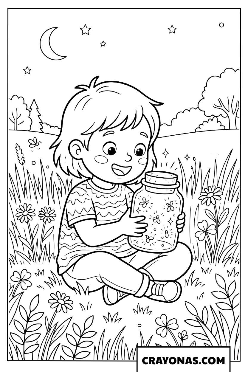 Child Watching Fireflies in Jar Coloring Page