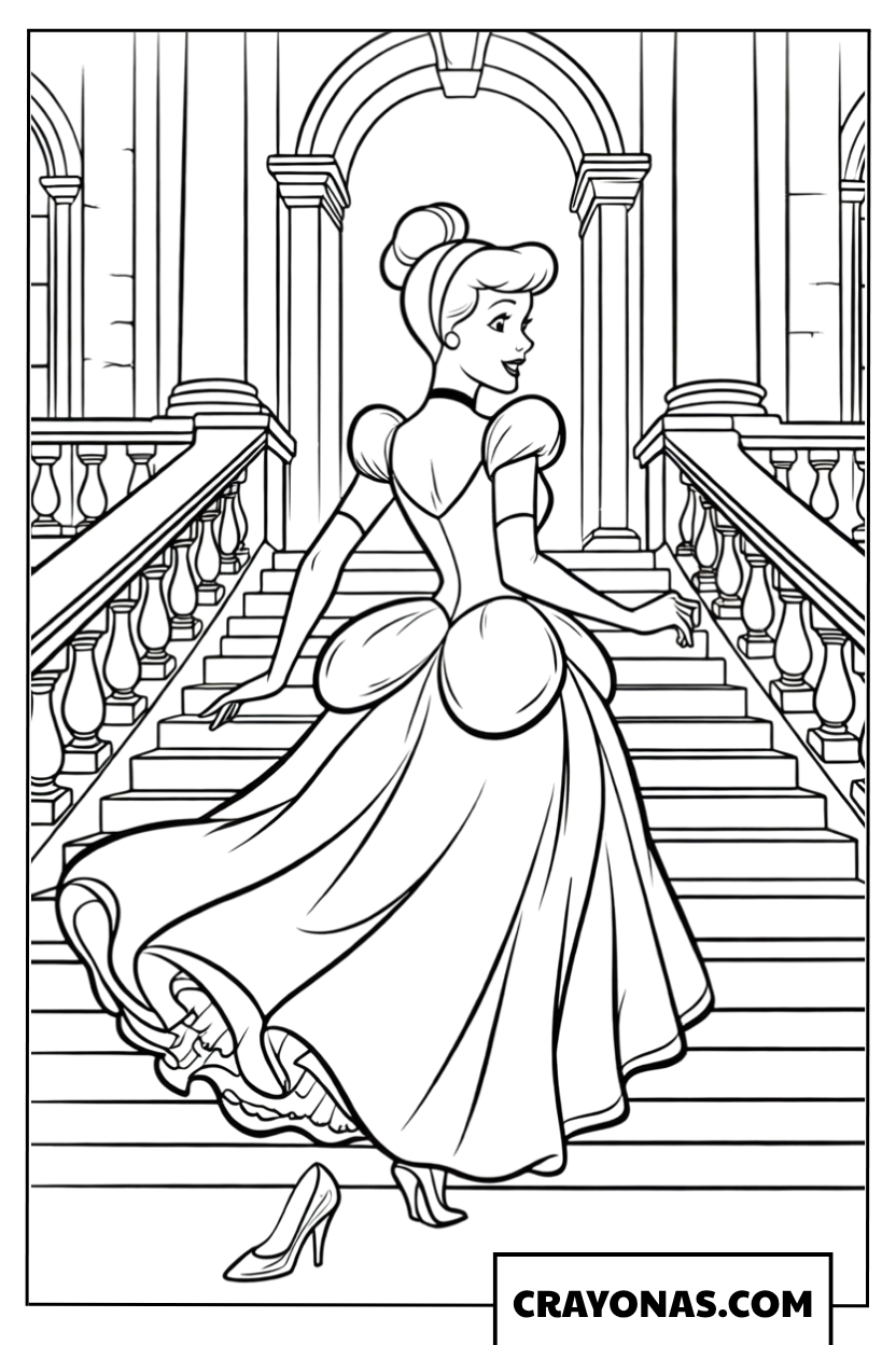 Cinderella Running Down the Palace Stairs Coloring Page