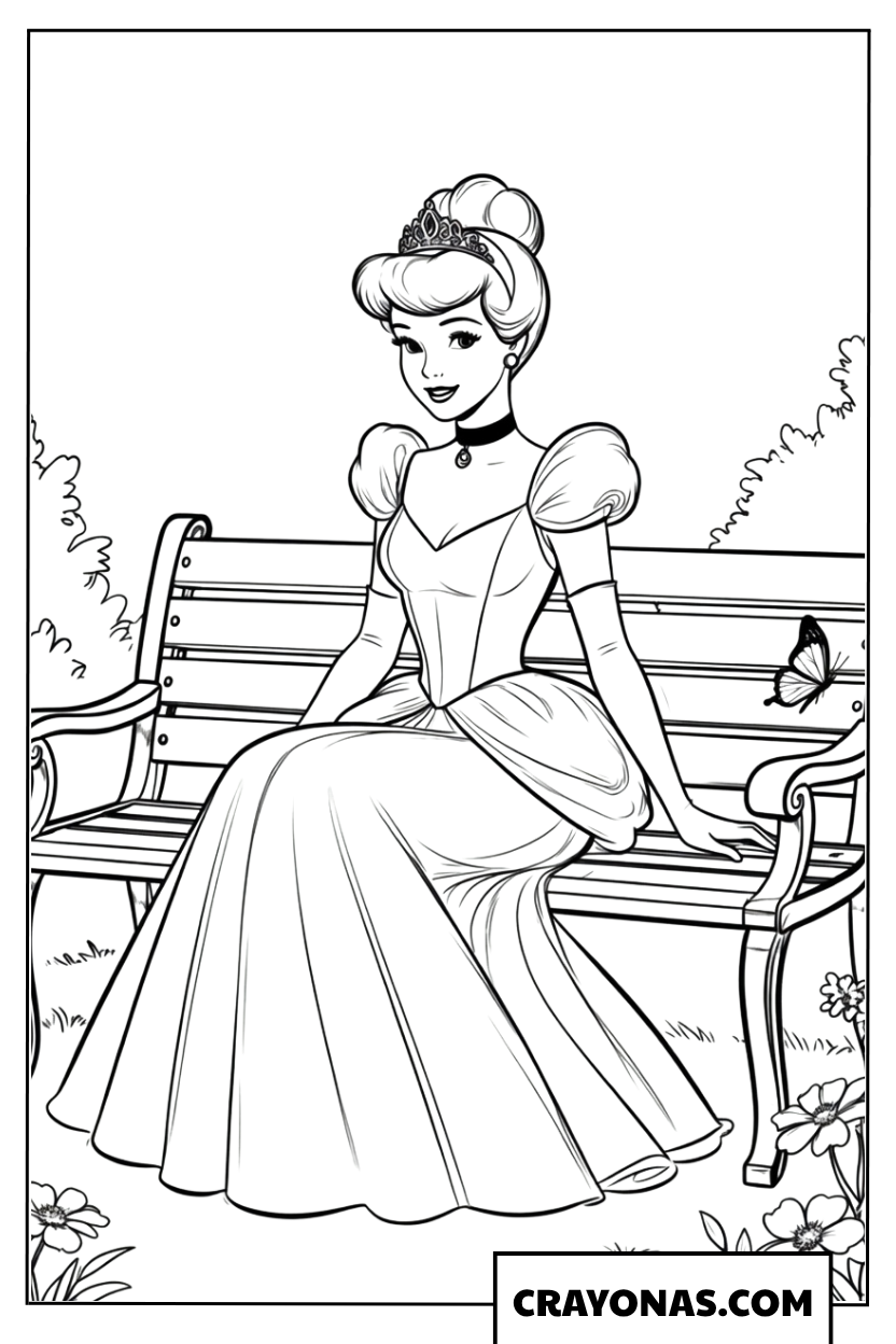 Cinderella Sitting on a Garden Bench Coloring Page