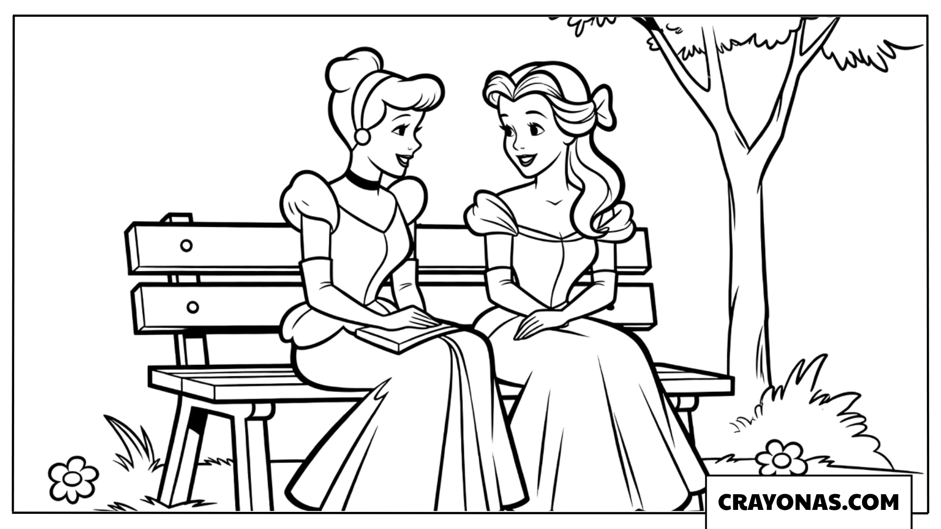 Cinderella and Belle Park Bench Coloring Page