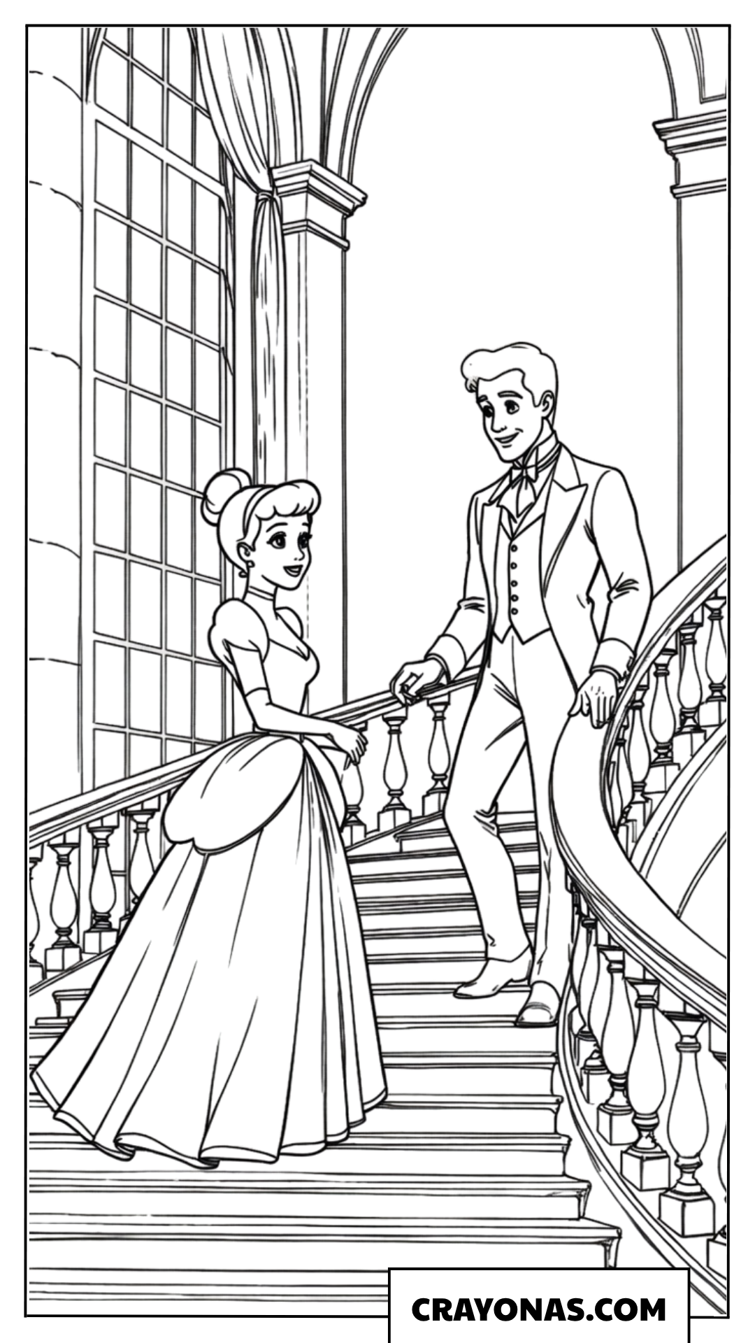 Cinderella and Prince Charming Meeting on the Stairs Coloring Page