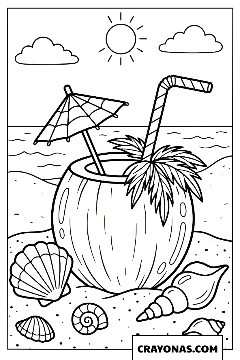 Coconut Drink on the Beach Coloring Page
