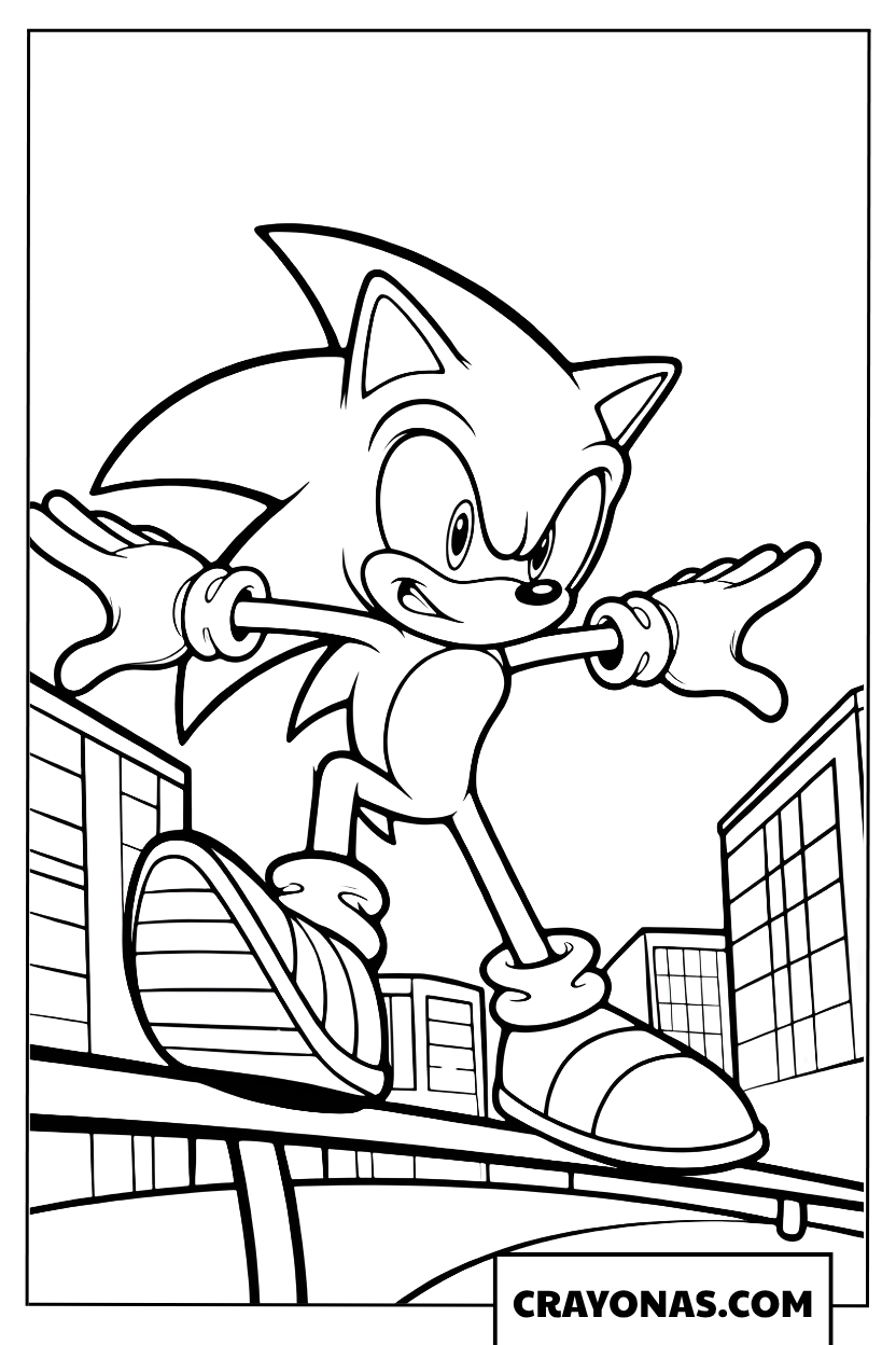Coloring page of Modern Sonic grinding on city rails