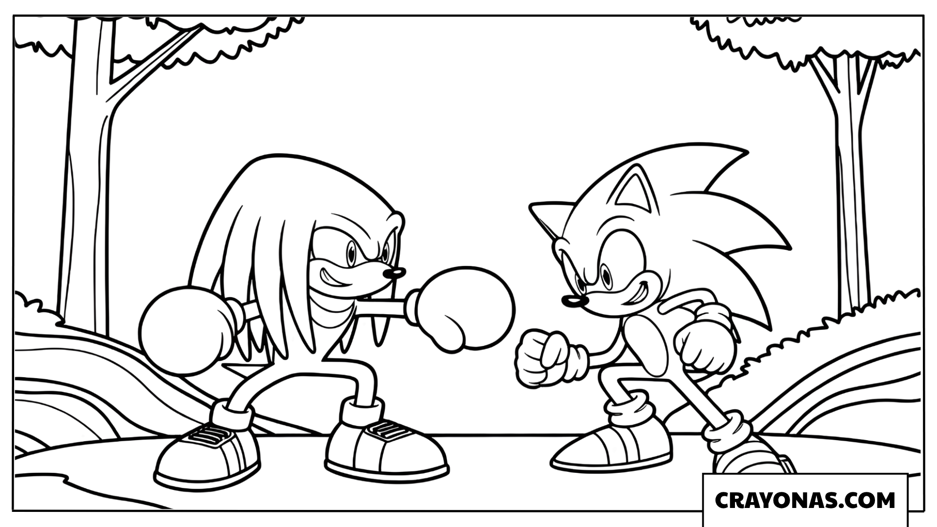 Coloring page of Sonic and Knuckles facing off in the forest