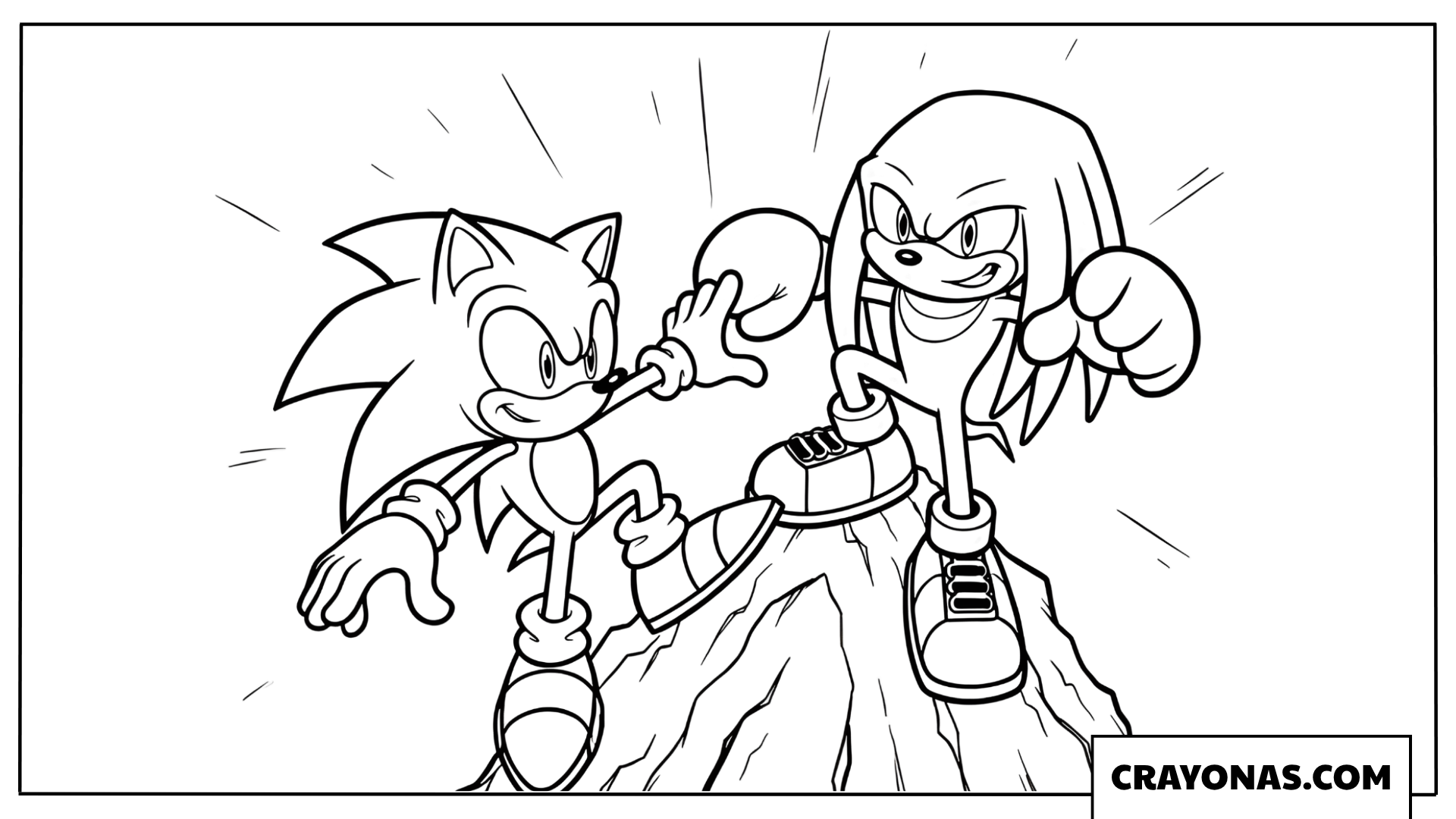 Coloring page of Sonic and Knuckles teaming up on a cliff