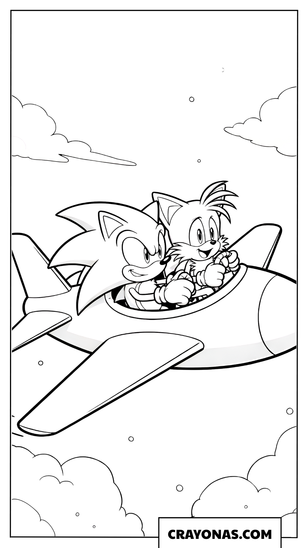 Coloring page of Sonic and Tails flying the Tornado airplane