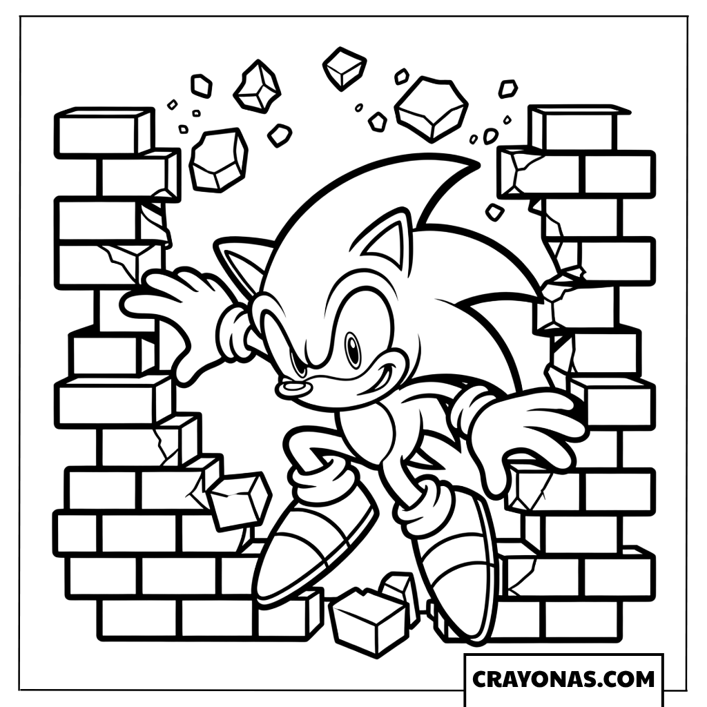 Coloring page of Sonic breaking through a brick wall