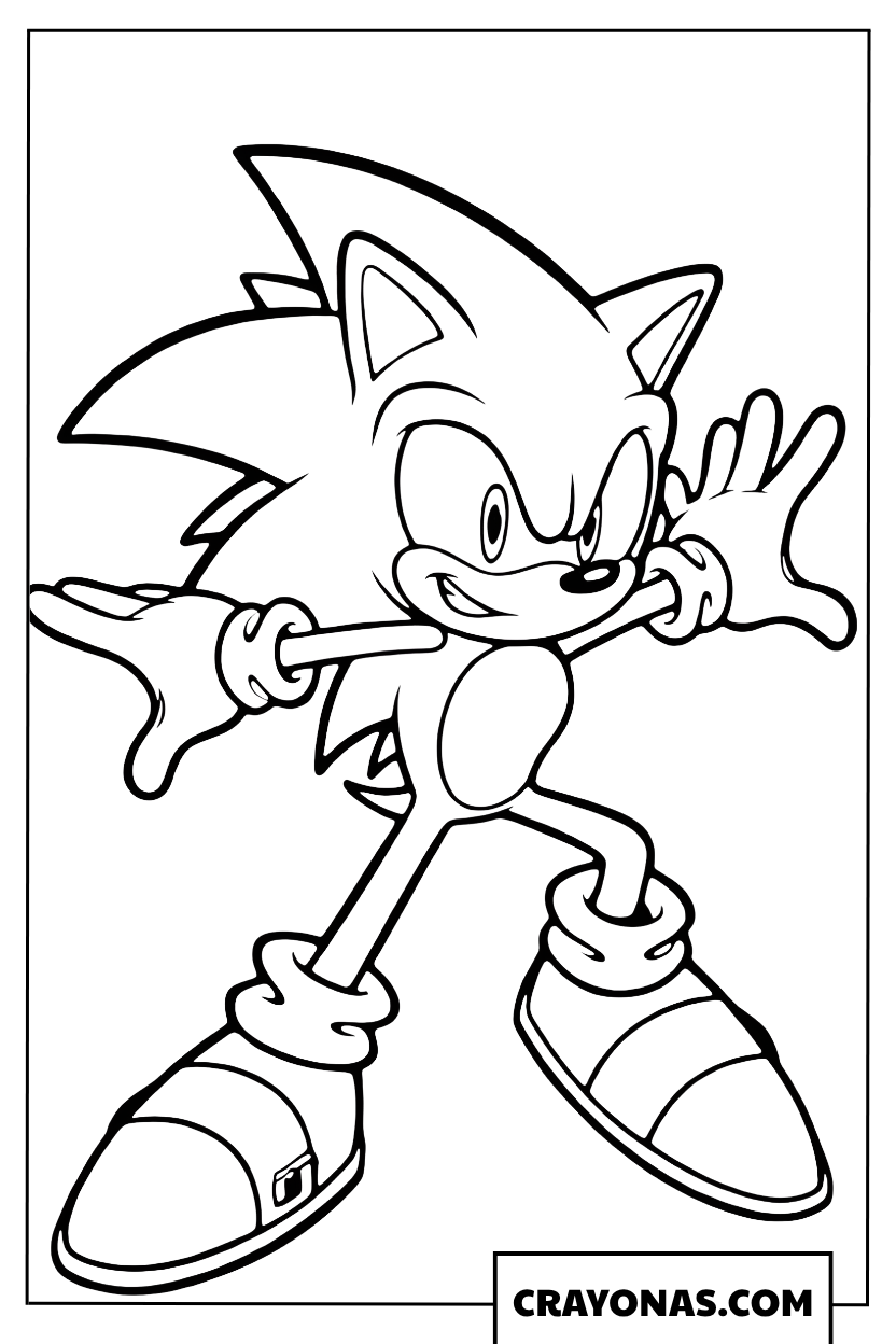 Coloring page of Sonic in a ready-to-race stance