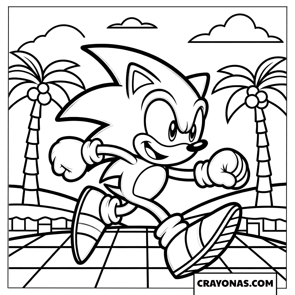 Coloring page of Sonic racing through Green Hill Zone