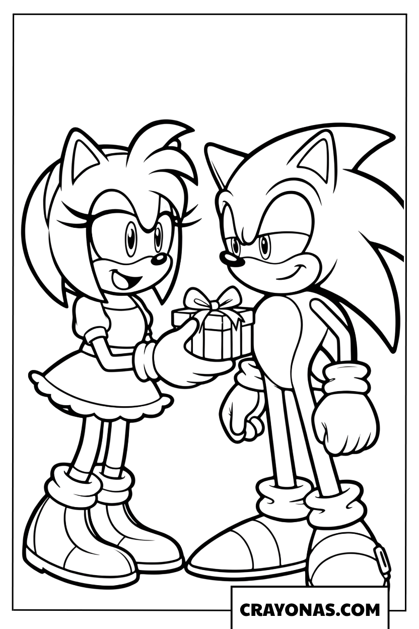 Coloring page of Sonic receiving a surprise gift from Amy
