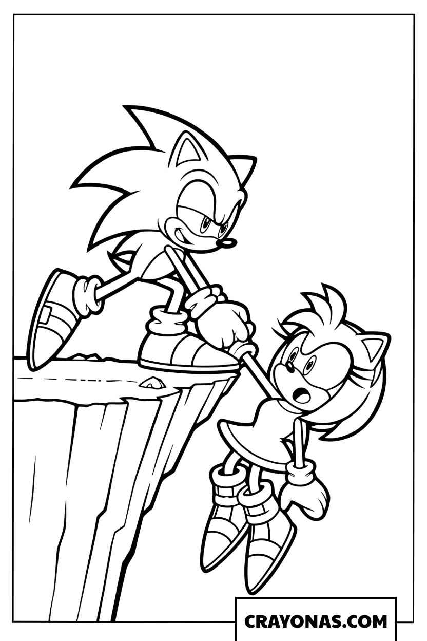 Coloring page of Sonic rescuing Amy on a dramatic cliff
