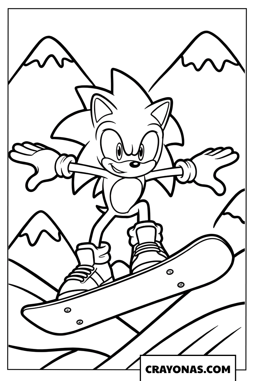 Coloring page of Sonic snowboarding on high mountain peaks
