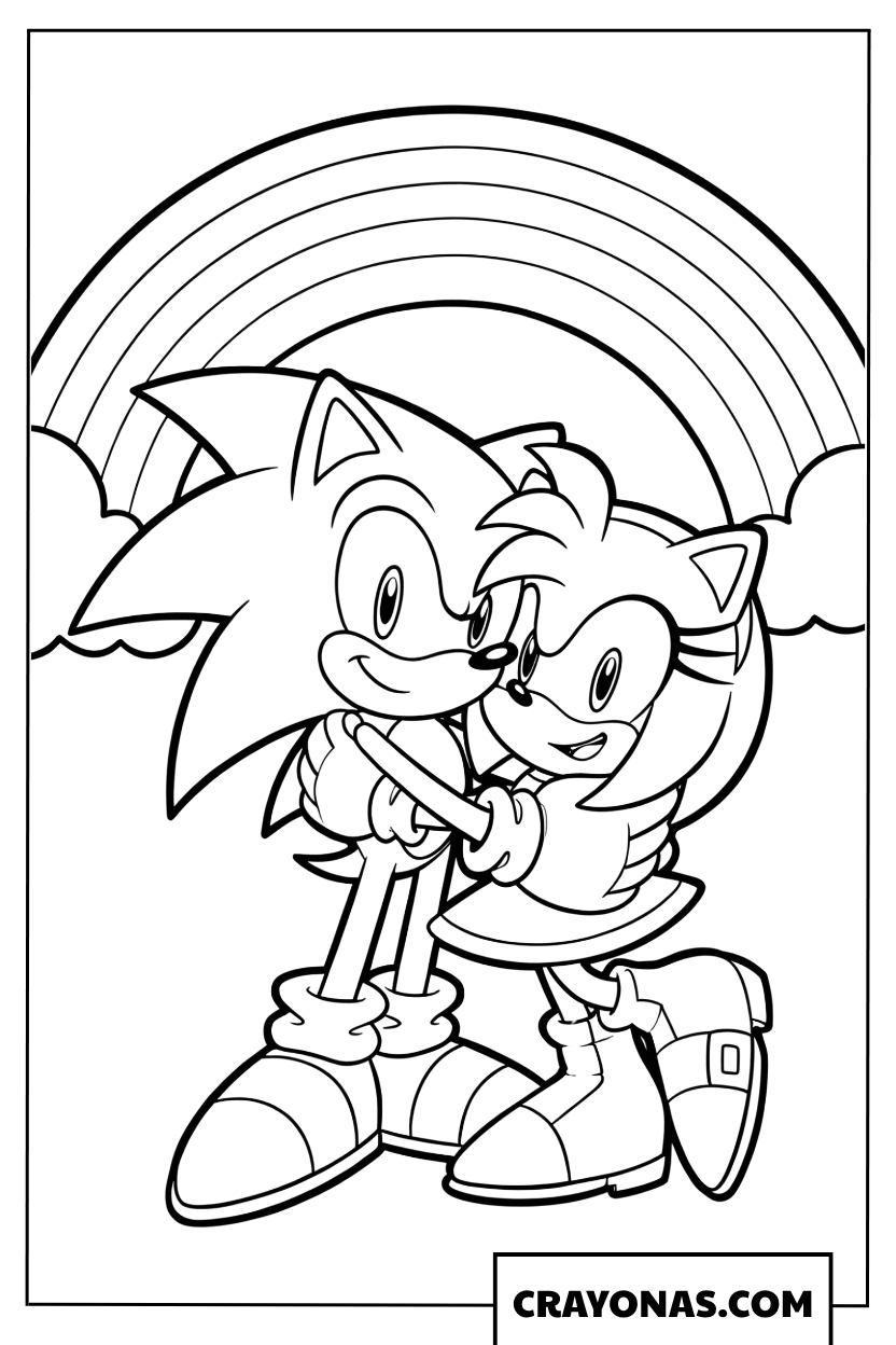 Cute Sonic and Amy Hugging Under the Rainbow Coloring Page