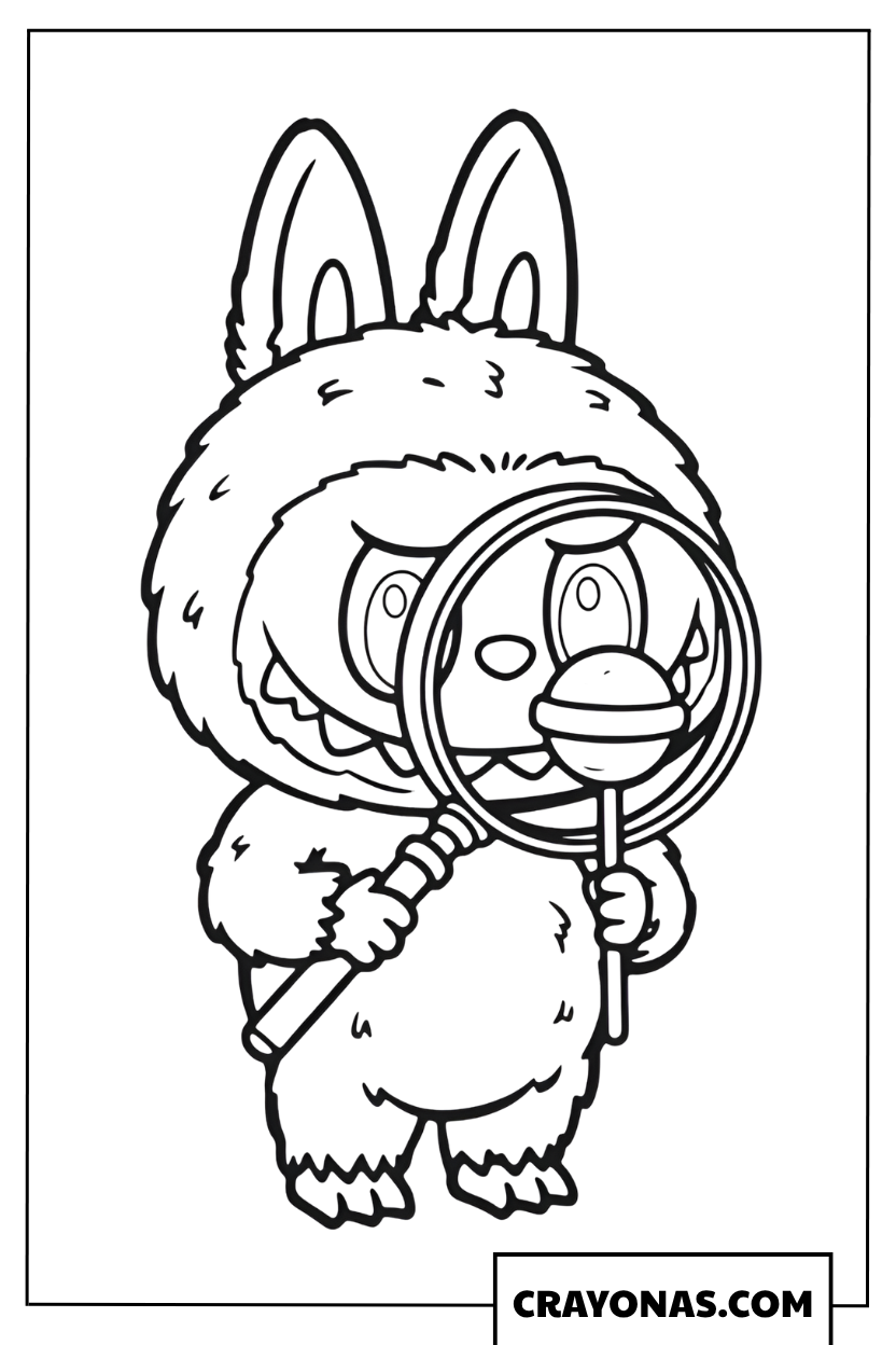 Detective Labubu with a lollipop magnifying glass coloring page
