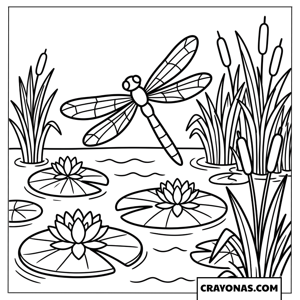 Dragonfly Over the Pond Coloring Page