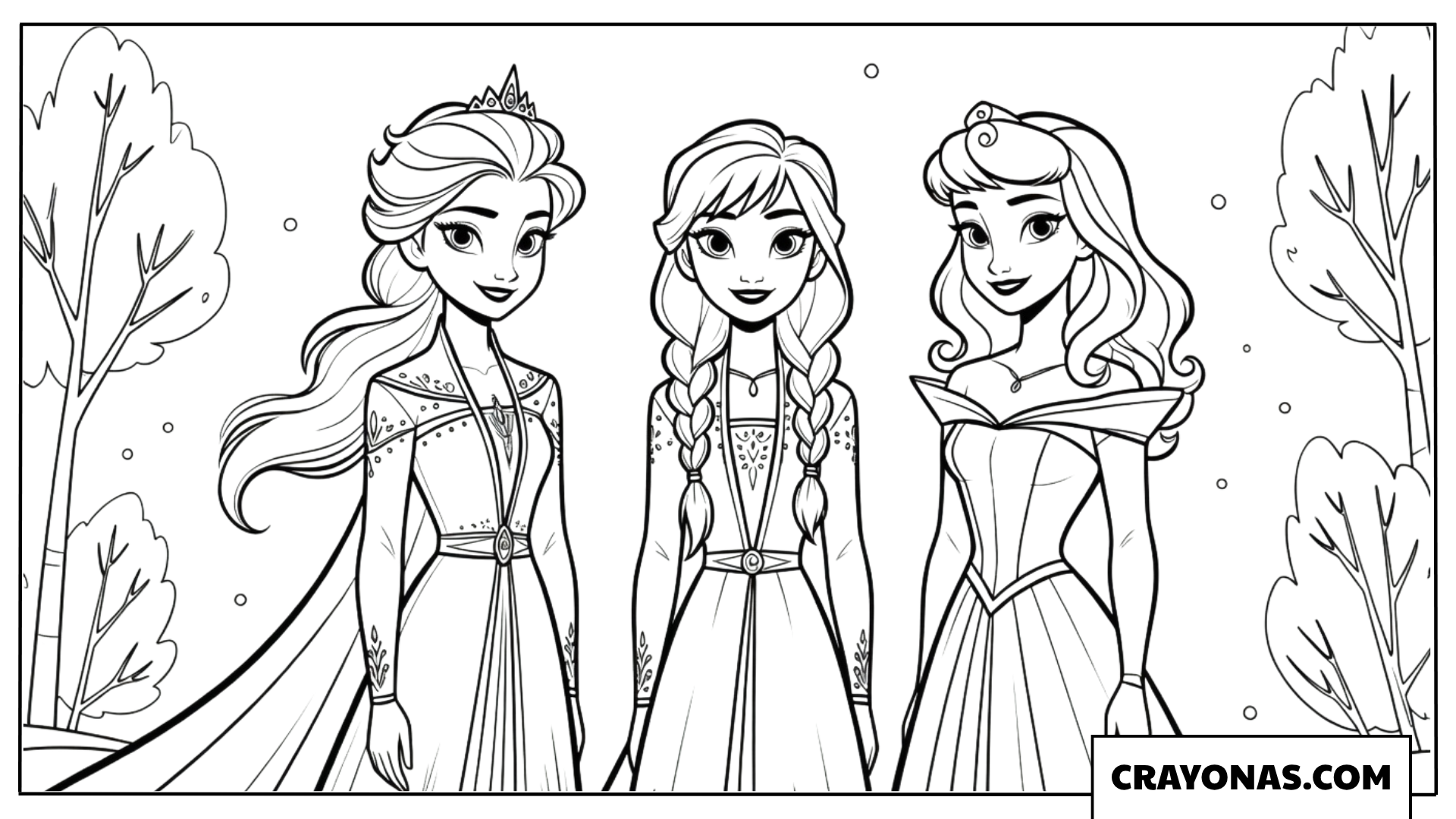 Elsa, Anna, and Aurora Forest Walk Coloring Page