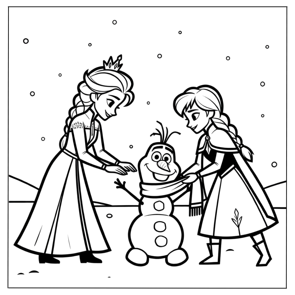 Elsa and Anna Building a Snowman Coloring Page