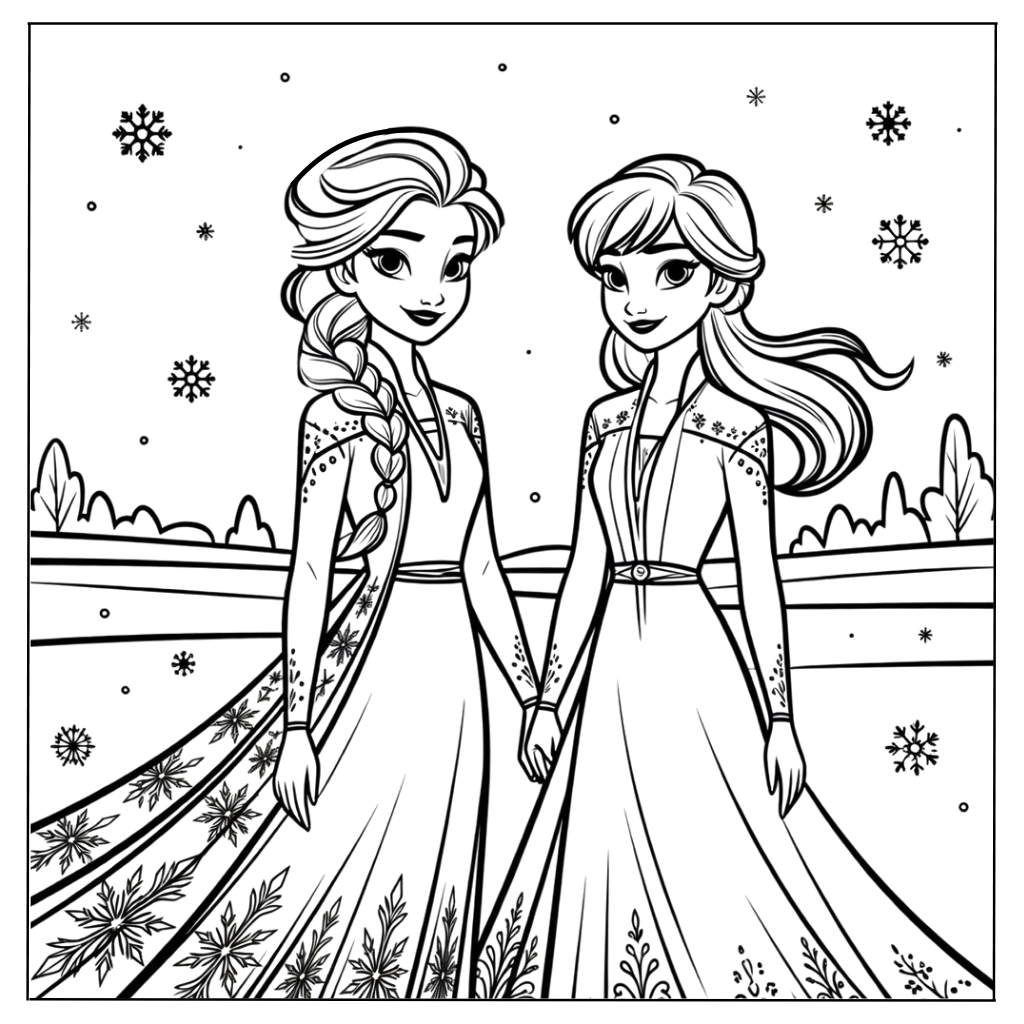 Elsa and Anna Walking Together Coloring Page
