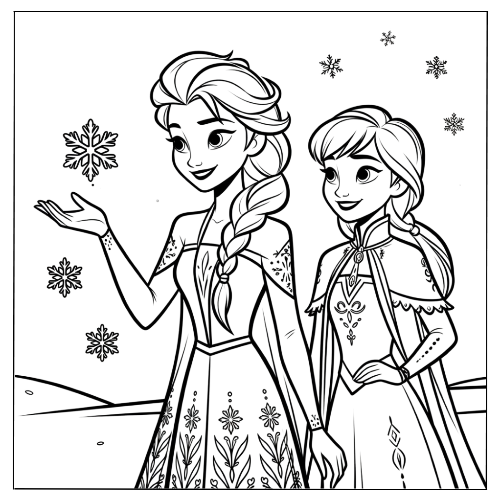 Elsa and Anna Watching the Snowfall Coloring Page