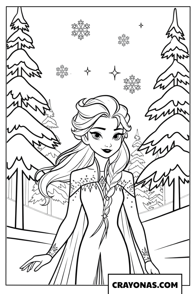 Elsa and Falling Snowflakes Coloring Page