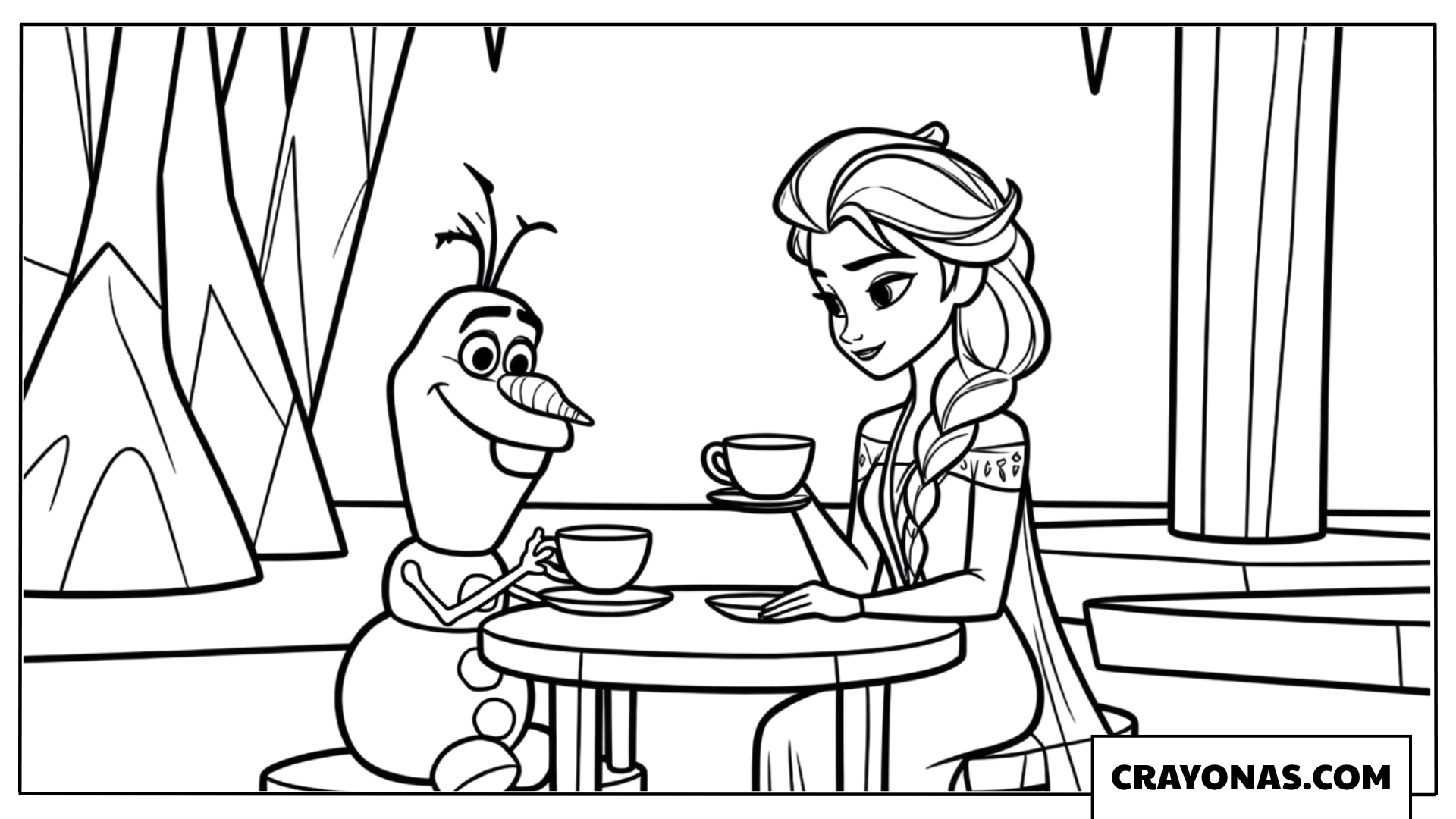Elsa and Olaf Having a Tea Party Coloring Page