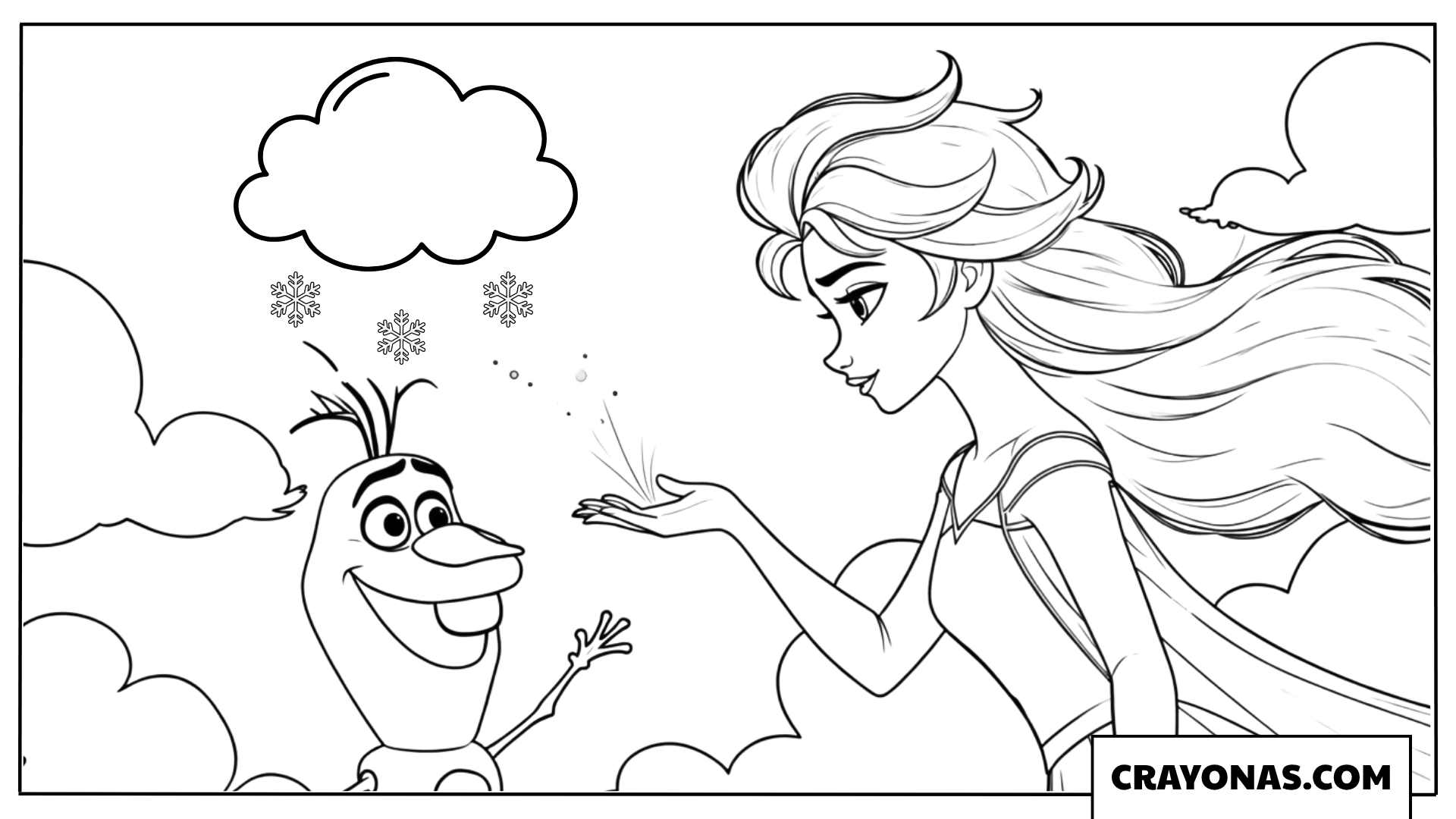 Elsa and Olaf Playing Under a Snow Cloud Coloring Page