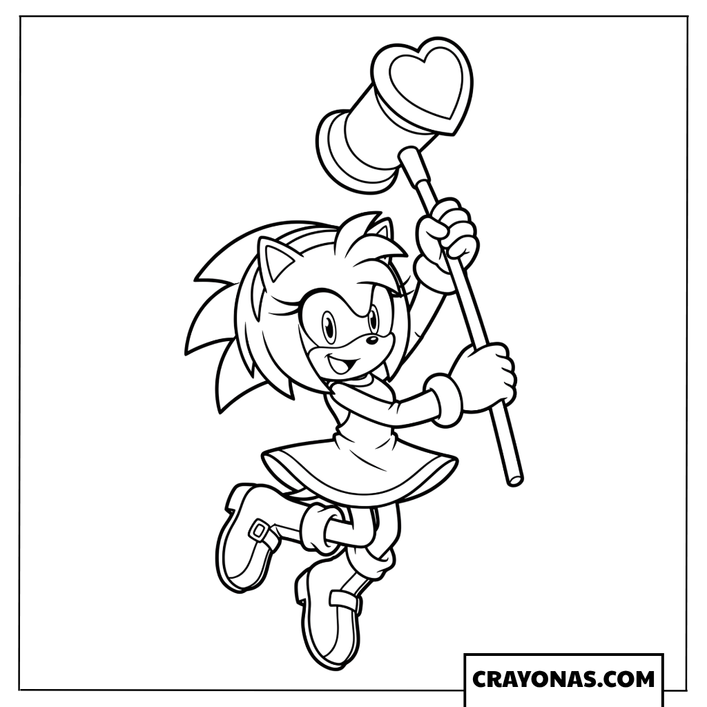 Energetic Amy Rose Jumping with Piko Hammer Coloring Sheet